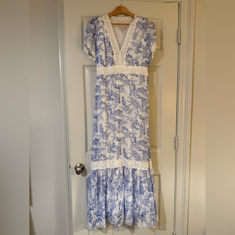 Taylor Blue and White Floral Maxi Dress